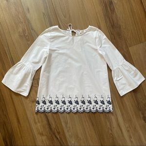 LOFT White Blouse with Navy Embroidery